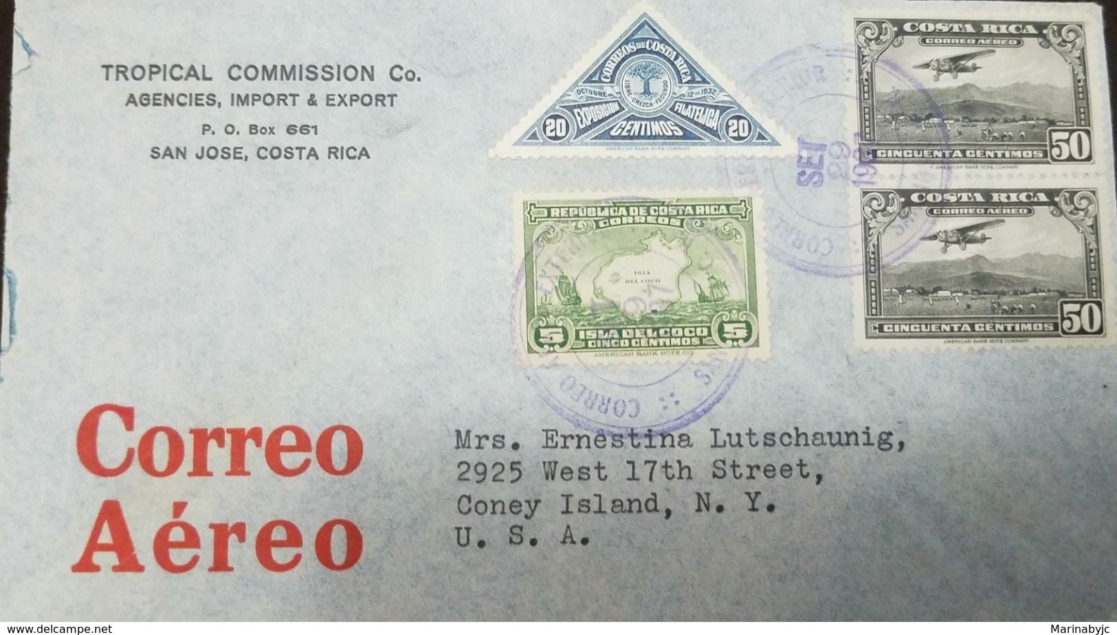 L) 1932 COSTA RICA, SEAL OF COSTA RICA PHILATELIC SOCIETY, SCOTT A90, 20C DARK BLUE, TRIANGLE, MAP OF COCOS ISLAND AND S - Costa Rica