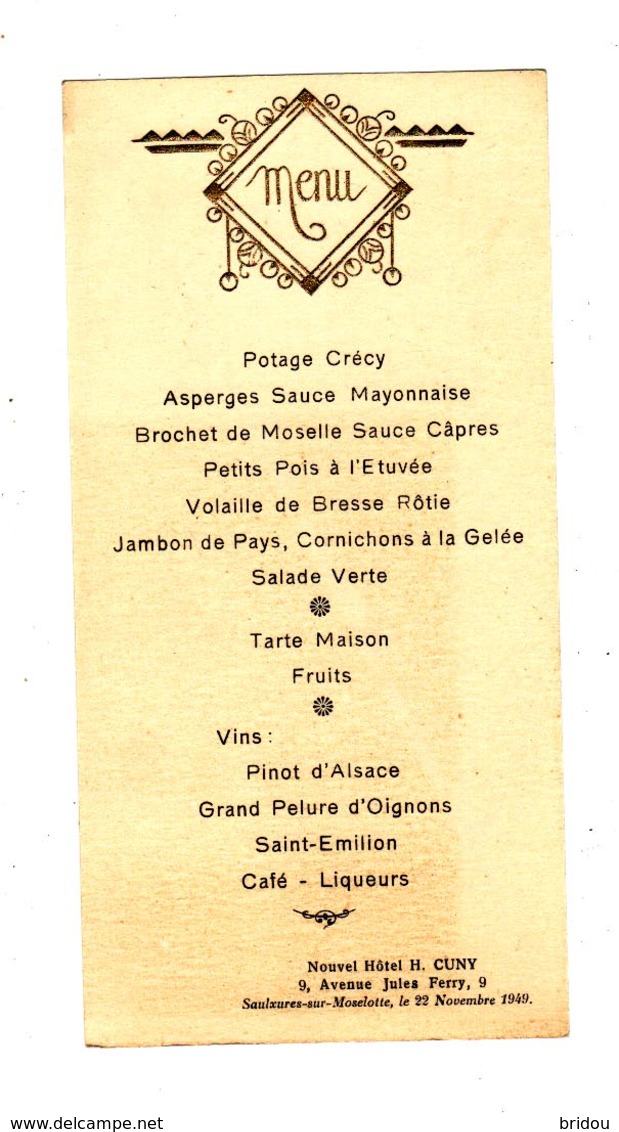 Menu Ancien   Hôtel Cuny    SAULXURES SUR MOSELOTTE    Vosges    Novembre 1949 - Menú