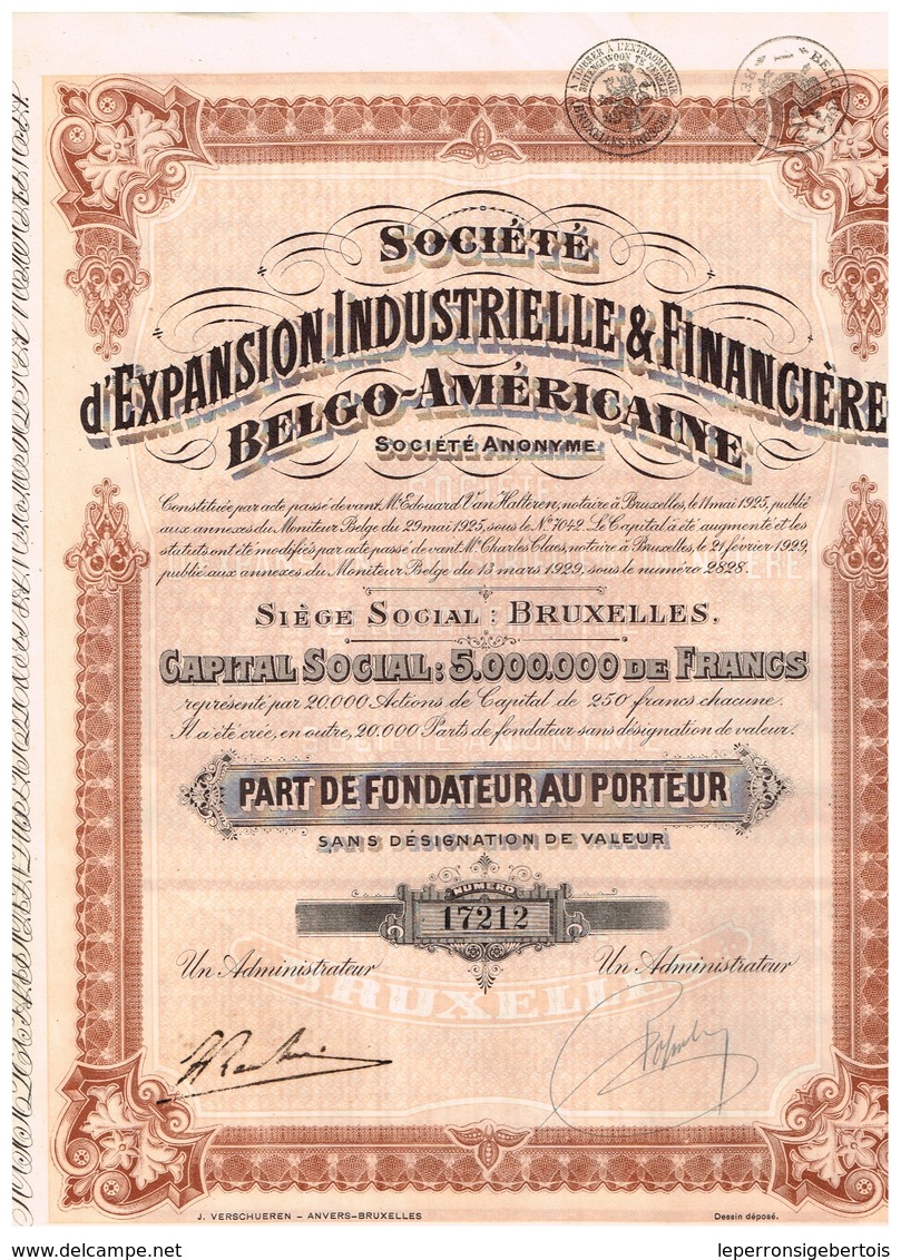 Ancienne Action - Société D' Expansion Industrielle  & Financière Belgo-Américaine -  Titre De 1929 - - Industrie