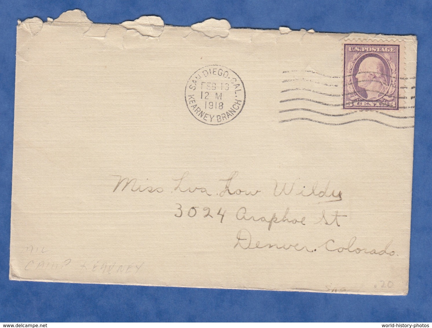 Enveloppe Ancienne - SAN DIEGO , California - 1918 - Cachet Kearney Branch - Timbre Stamp US Postage 3 Cents - Oblitérés