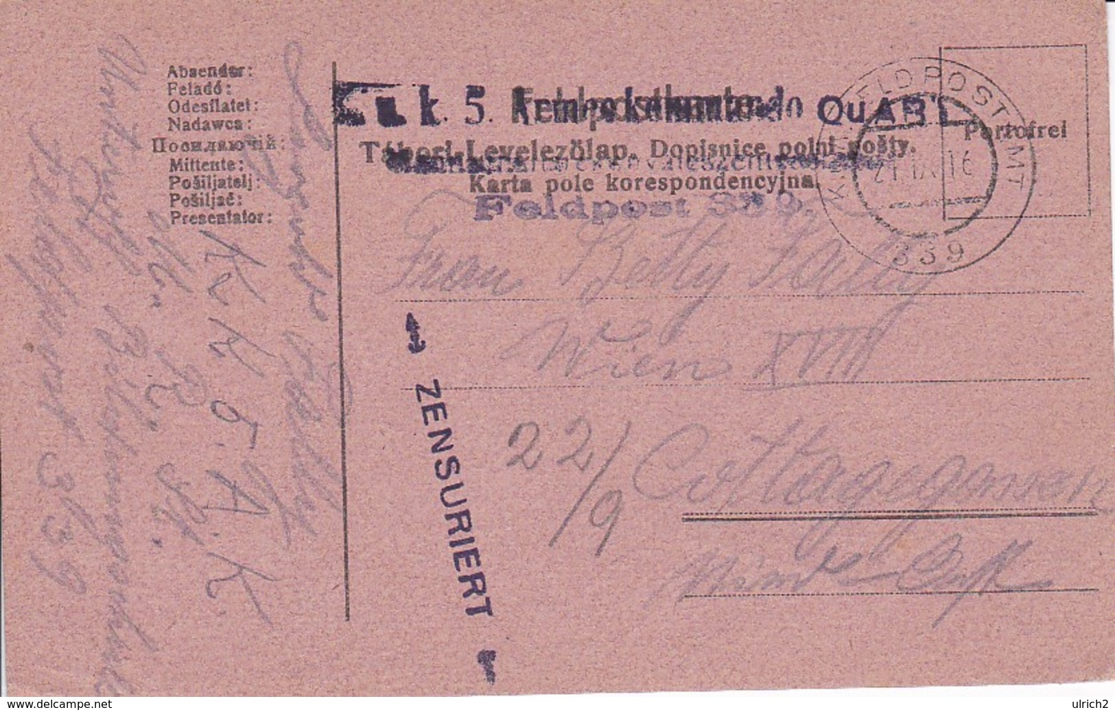 Feldpostkarte - K.u.k. 5. Armeekommando Feldpost 339 - 1916 (34600) - Briefe U. Dokumente