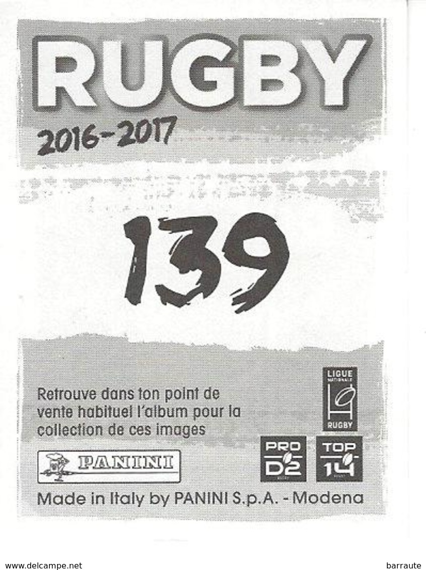 Panini Rugby 2016-2017 N° 139 RORY GRICE  FC GRENOBLE - Edition Française