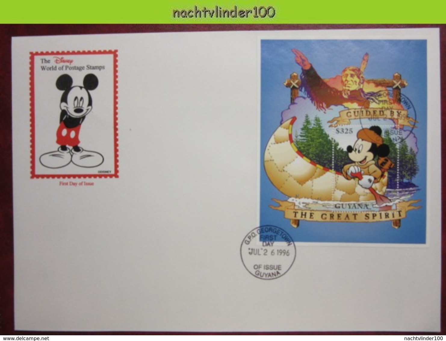 Ndx2511c WALT DISNEY MICKEY MOUSE TRAPPER INDIAN CANOE GUIDED BY THE GREAT SPIRIT GUYANA 1996 FDC - Disney