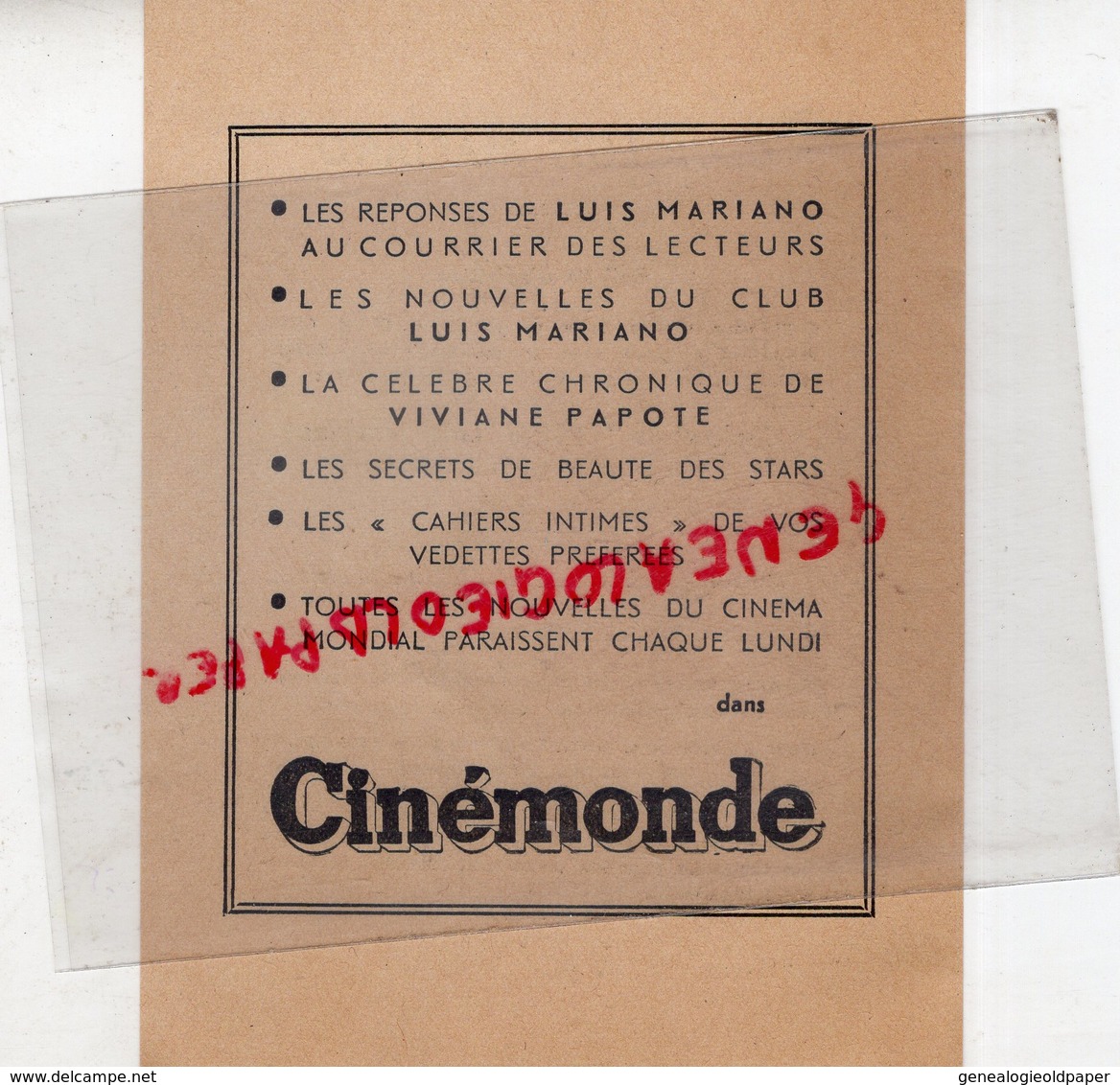 75- PARIS - BULLETIN ADHESION CLUB LUIS MARIANO- CINEMONDE- 2 AVENUE MATIGNON- CINEMA-VIVIANE PAPOTE - Werbung