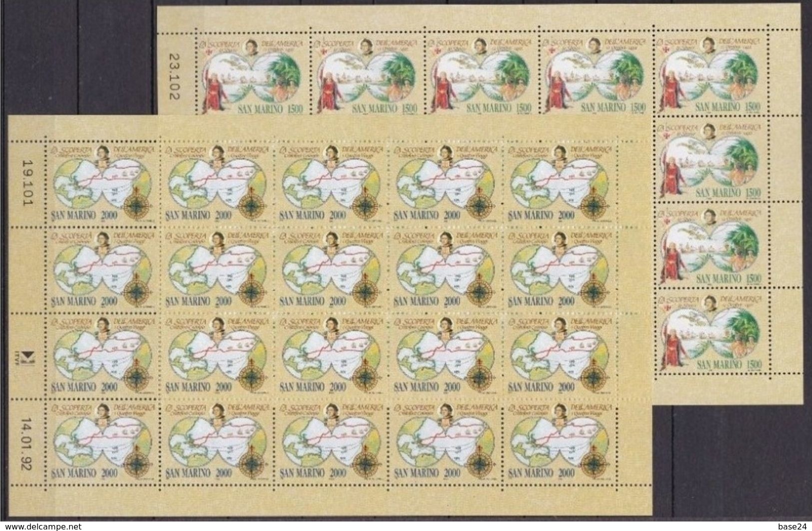 1992 San Marino Saint Marin CRISTOFORO COLOMBO 20 Serie Di 2v. In Foglio MNH** Sheet - Cristoforo Colombo