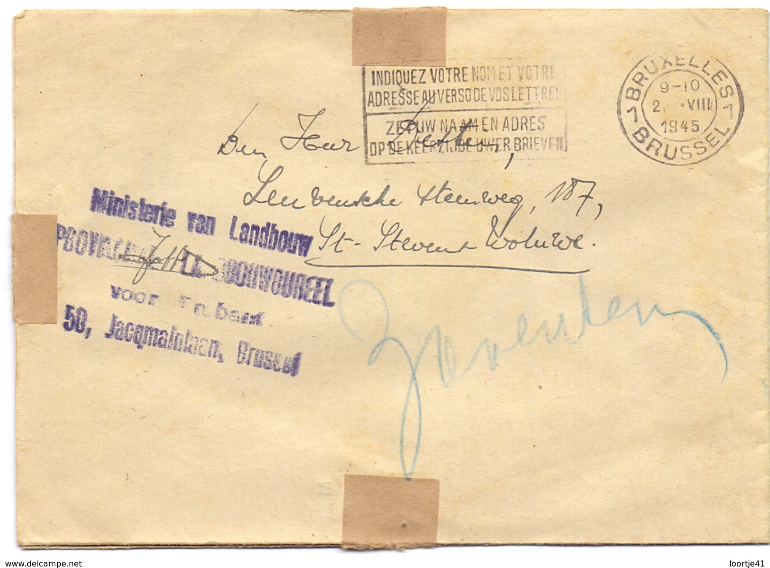 Omslag Enveloppe Brief Ministerie Van Landbouw - Brussel 1945 - St Stevens Woluwe - Buste-lettere