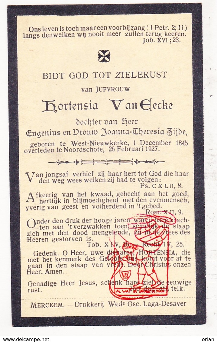 DP Hortensia Van Eecke / Zijde Zyde ° West-Nieuwkerke Heuvelland BE 1845 † Noordschote Lo Reninge 1927 - Images Religieuses