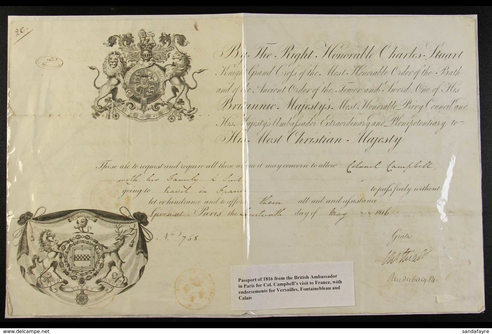 1816 PASSPORT Superb Engraved Passport With The Royal Coat Of Arms And The Arms Of The Right Honourable Charles Stuart,  - Sonstige & Ohne Zuordnung