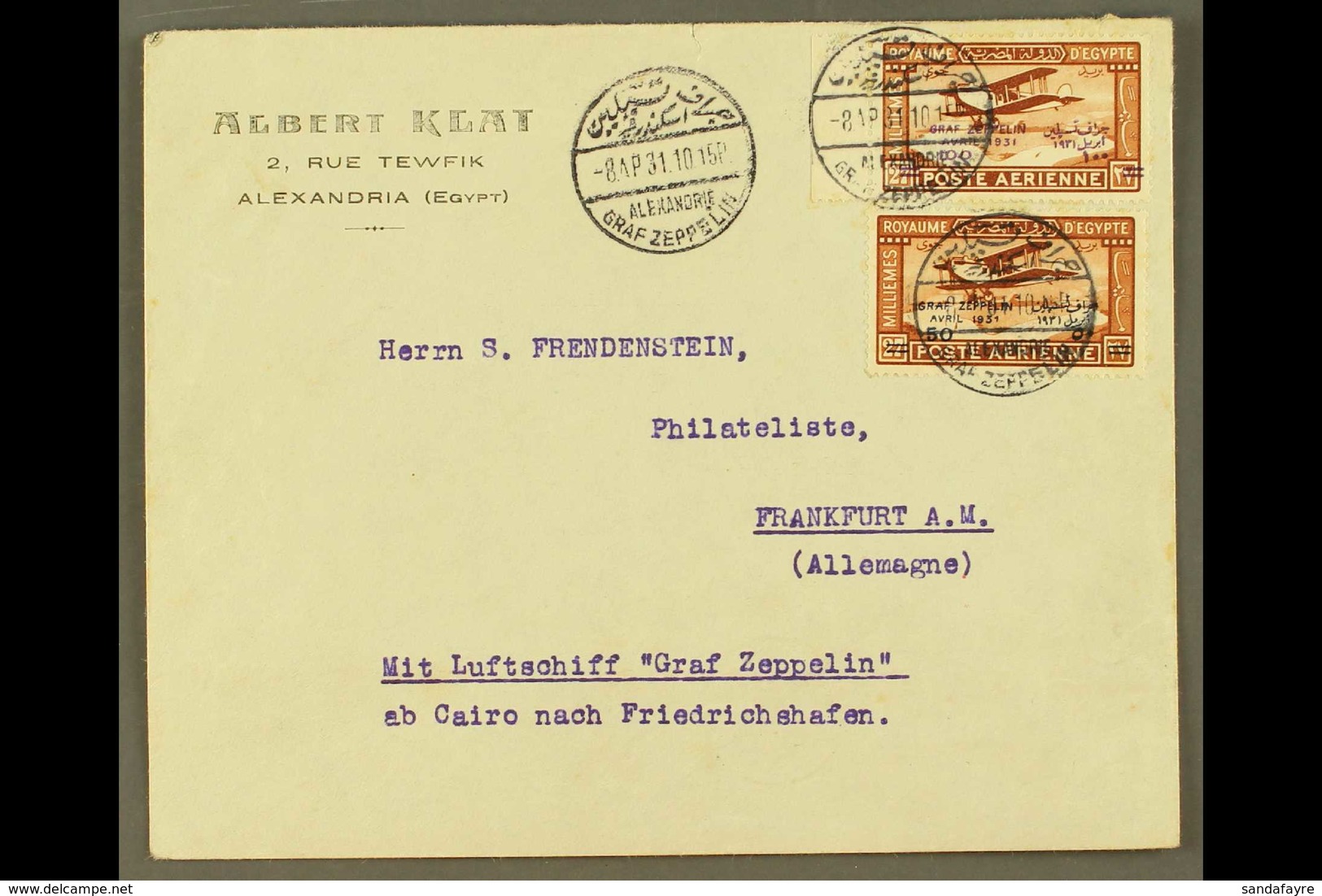 ZEPPELIN MAIL 1931 11th April, Egypt Flight Cover Franked 1931 Egypt Zeppelin Stamp Pair With 3 Special Alexandria Zeppe - Ohne Zuordnung