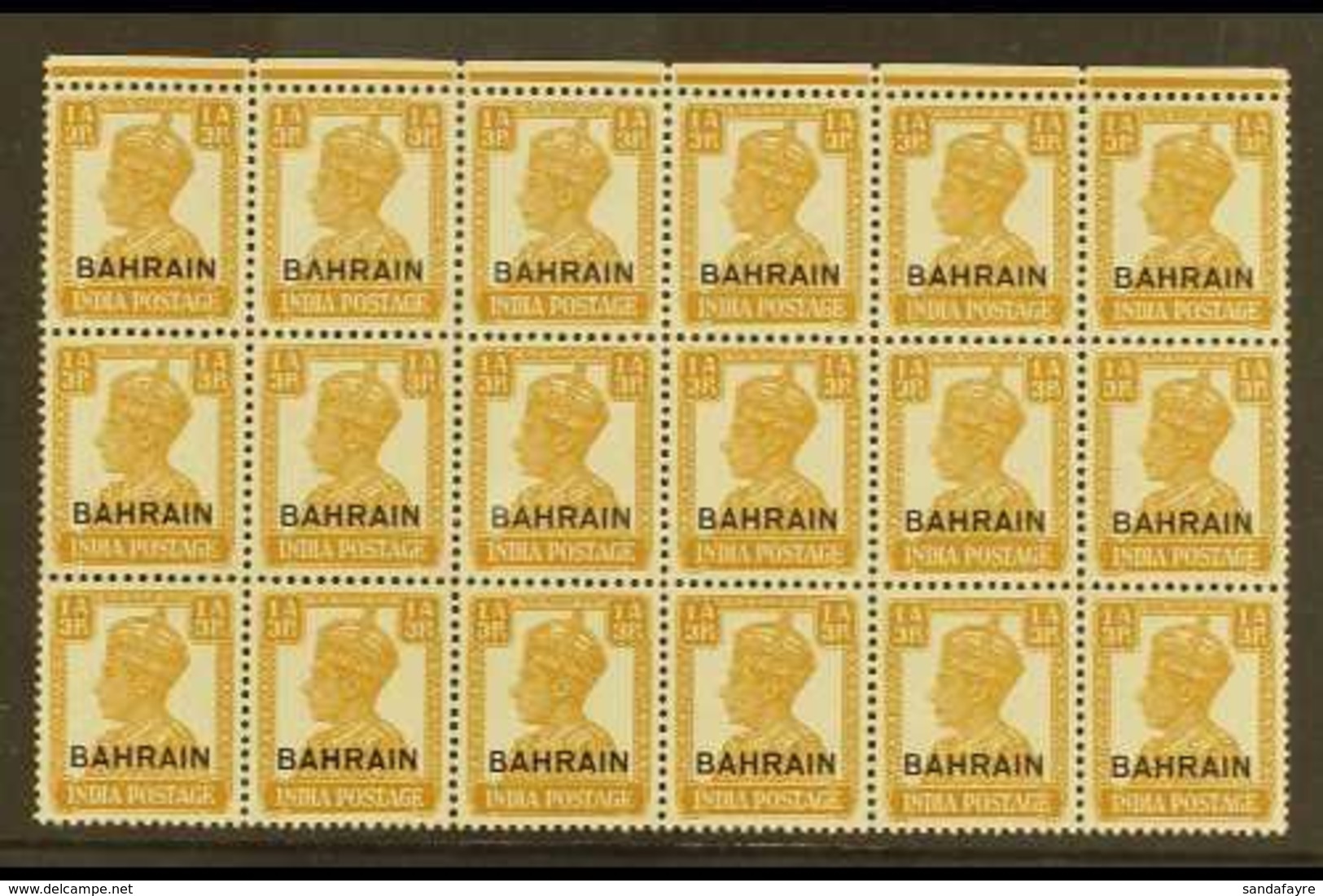 1942-45 1a3p Bistre Overprint, SG 42, Very Fine Never Hinged Mint Marginal BLOCK Of 18 (6x3), Very Fresh. (18 Stamps) Fo - Bahrain (...-1965)