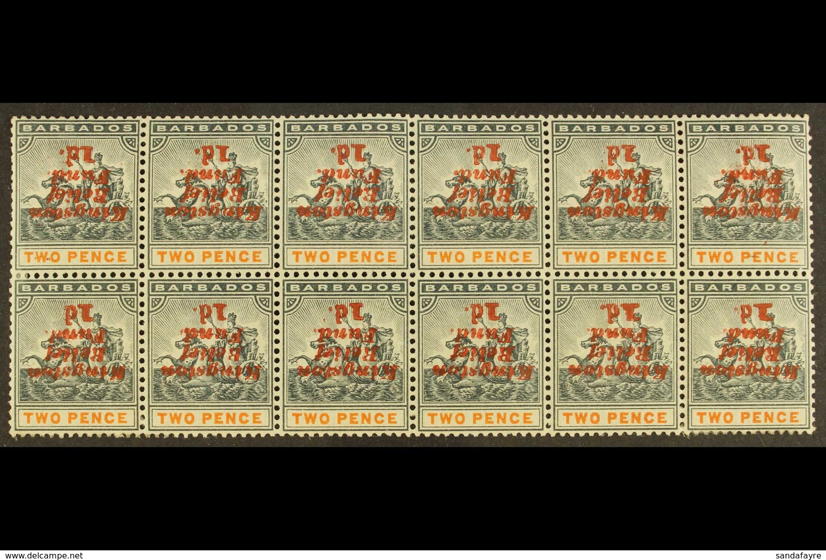 1907 KINGSTON RELIEF FUND (Eighth Setting) Inverted Overprint 1d On 2d, SG 153a, BLOCK OF TWELVE (6 X 2) Including Two N - Barbados (...-1966)