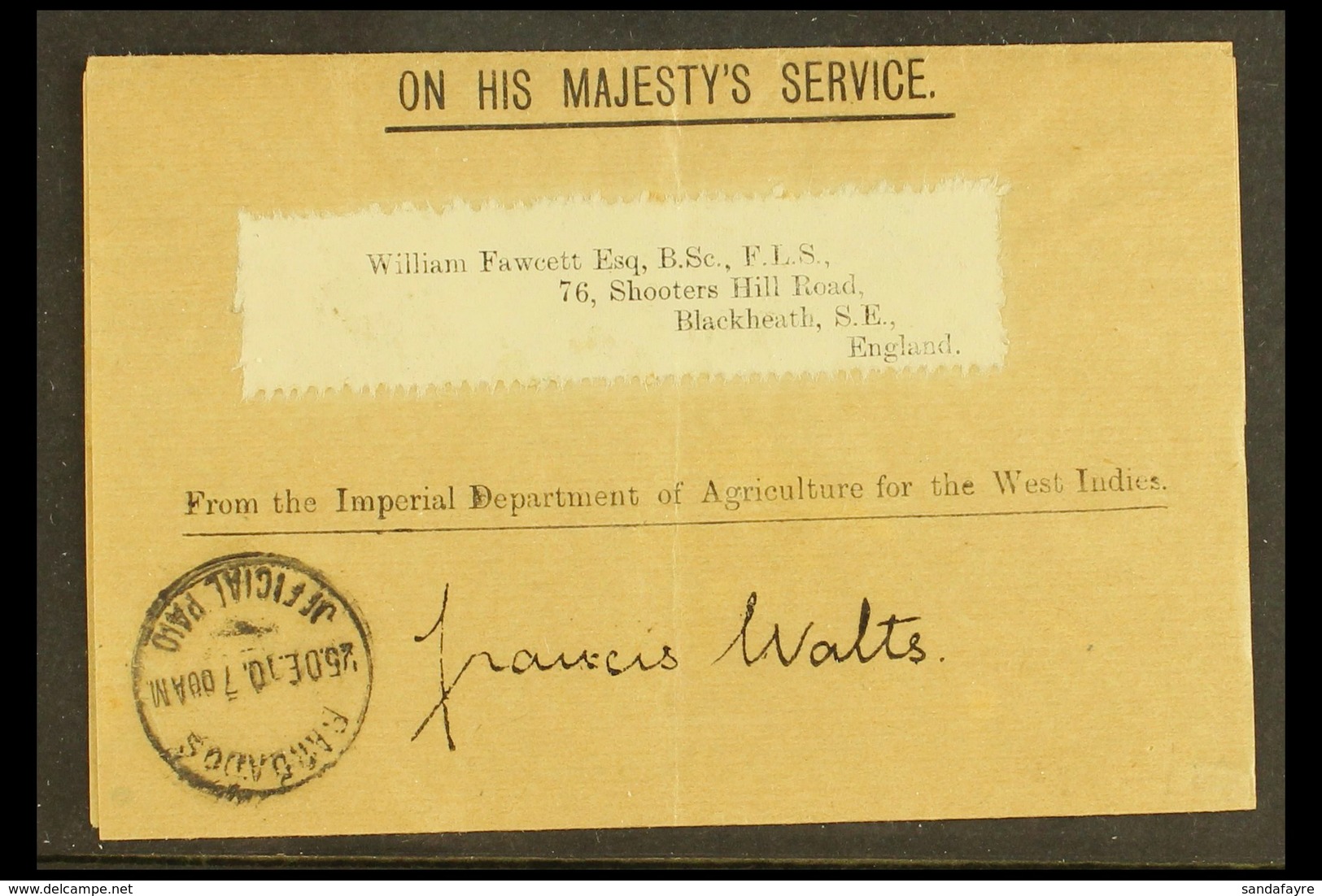 1910 OHMS OFFICIAL WRAPPER (25 Dec) Printed OHMS 'From The Imperial Department Of Agriculture For The West Indies' Stamp - Barbados (...-1966)