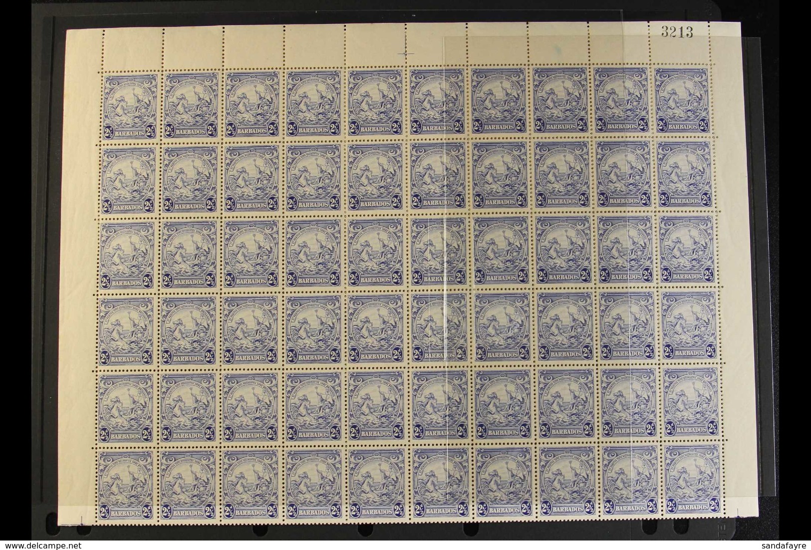 1938-47 2½d Ultramarine (SG 251) - A Never Hinged Mint COMPLETE SHEET With Full Margins, Includes Three "Mark On Central - Barbados (...-1966)