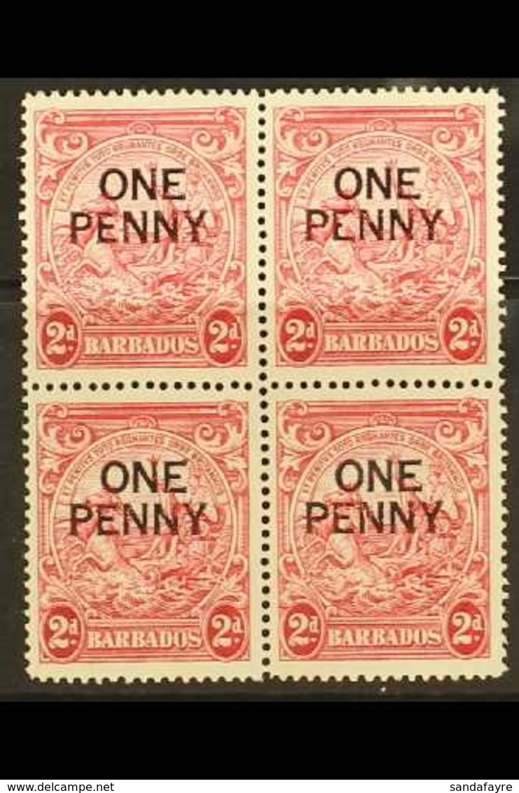 1947 1d On 2d Carmine Perf. 14, Block Of Four With One Showing Broken "E", Fine Never Hinged Mint. For More Images, Plea - Barbados (...-1966)