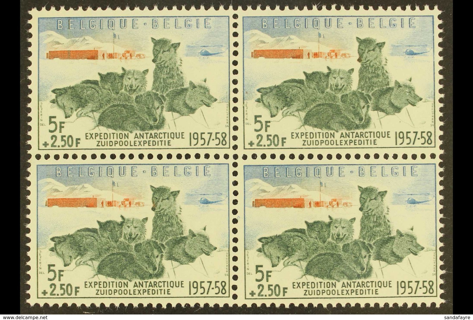 1957 5f+2.50f Antarctic Expedition Stamps From Mini-sheets (Michel 1073, COB 1031), Superb Never Hinged Mint BLOCK Of 4, - Sonstige & Ohne Zuordnung