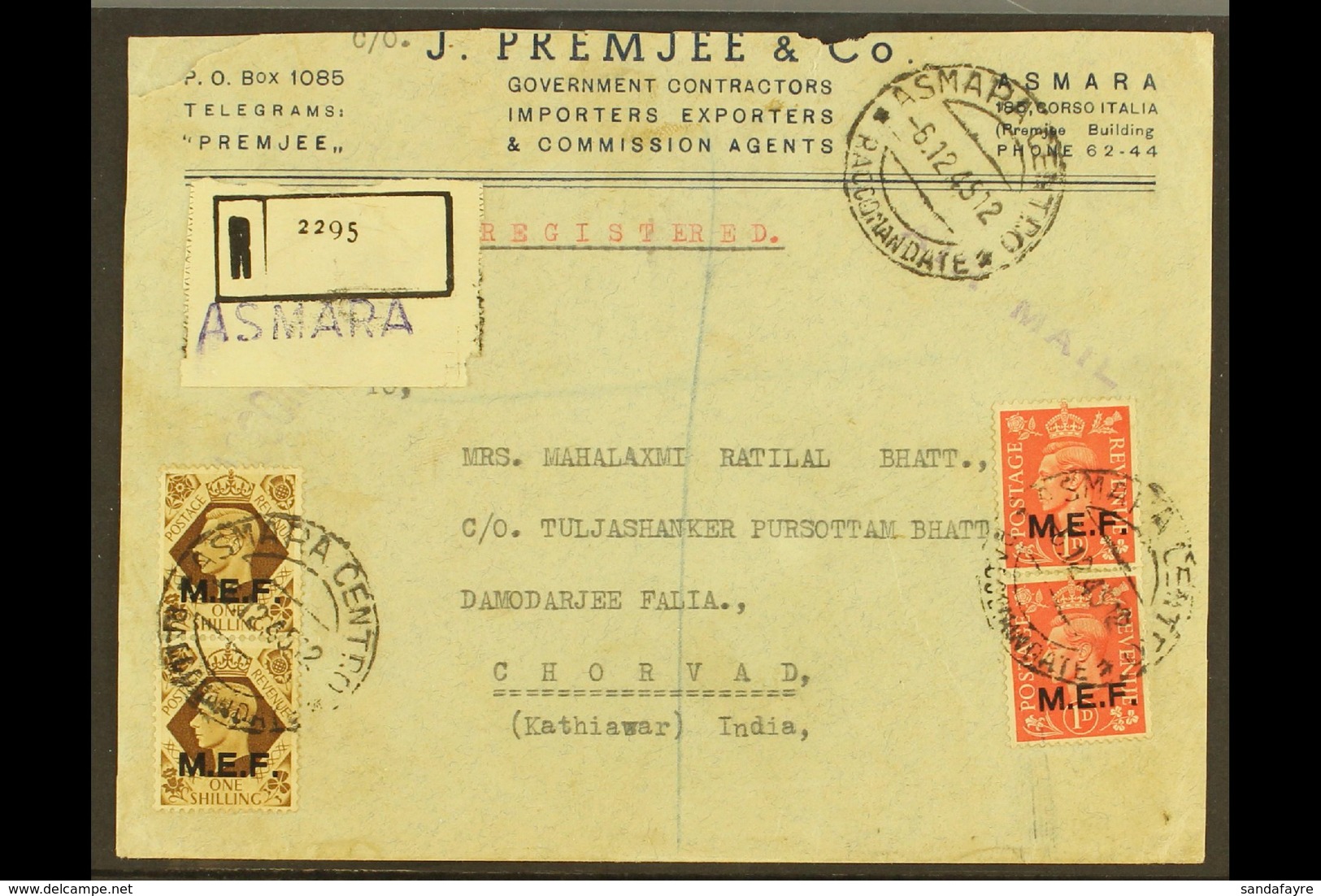 ERITREA 1945 Commercial Reg'd Cover To India, Franked 1d X2, 2½d X4 (on Reverse) And 1s Pair, SG M11, M13 & M18, Asmara  - Italienisch Ost-Afrika