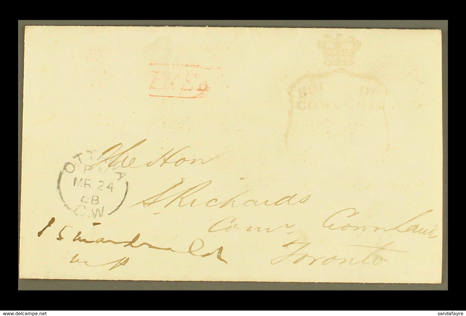 1868 Cover From Ottawa To Toronto With Rather Faint Strike Of House Of Commons Crowned "Free Frank", Red "Free" And Otta - Sonstige & Ohne Zuordnung