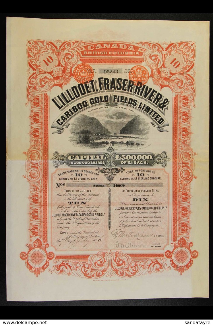 1896 Beautifully Illustrated Share Certificate For 10 Shares In The Lillooet, Fraser River & Cariboo Goldfields Ltd, Fer - Other & Unclassified