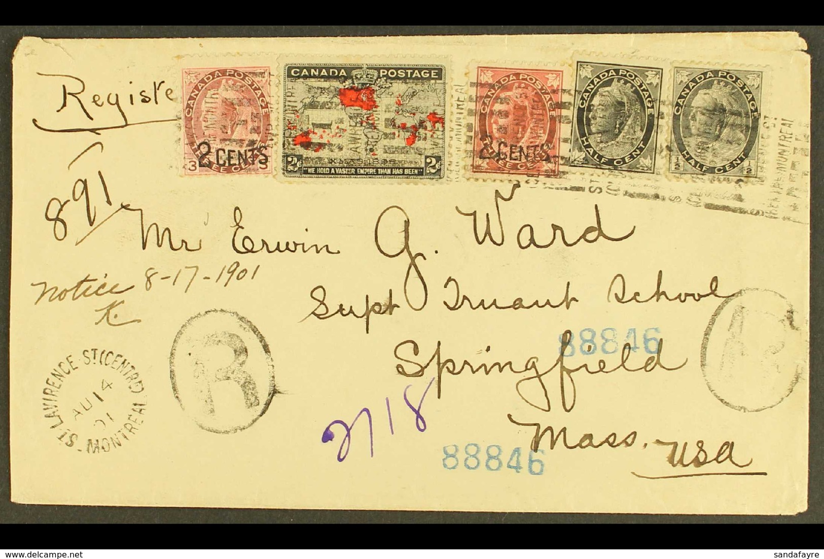 1901 Registered Cover From St Lawrence St, Montreal To Springfield, Mass, USA Franked 2c 1898 Xmas, QV ½c Black (2), 2c  - Other & Unclassified