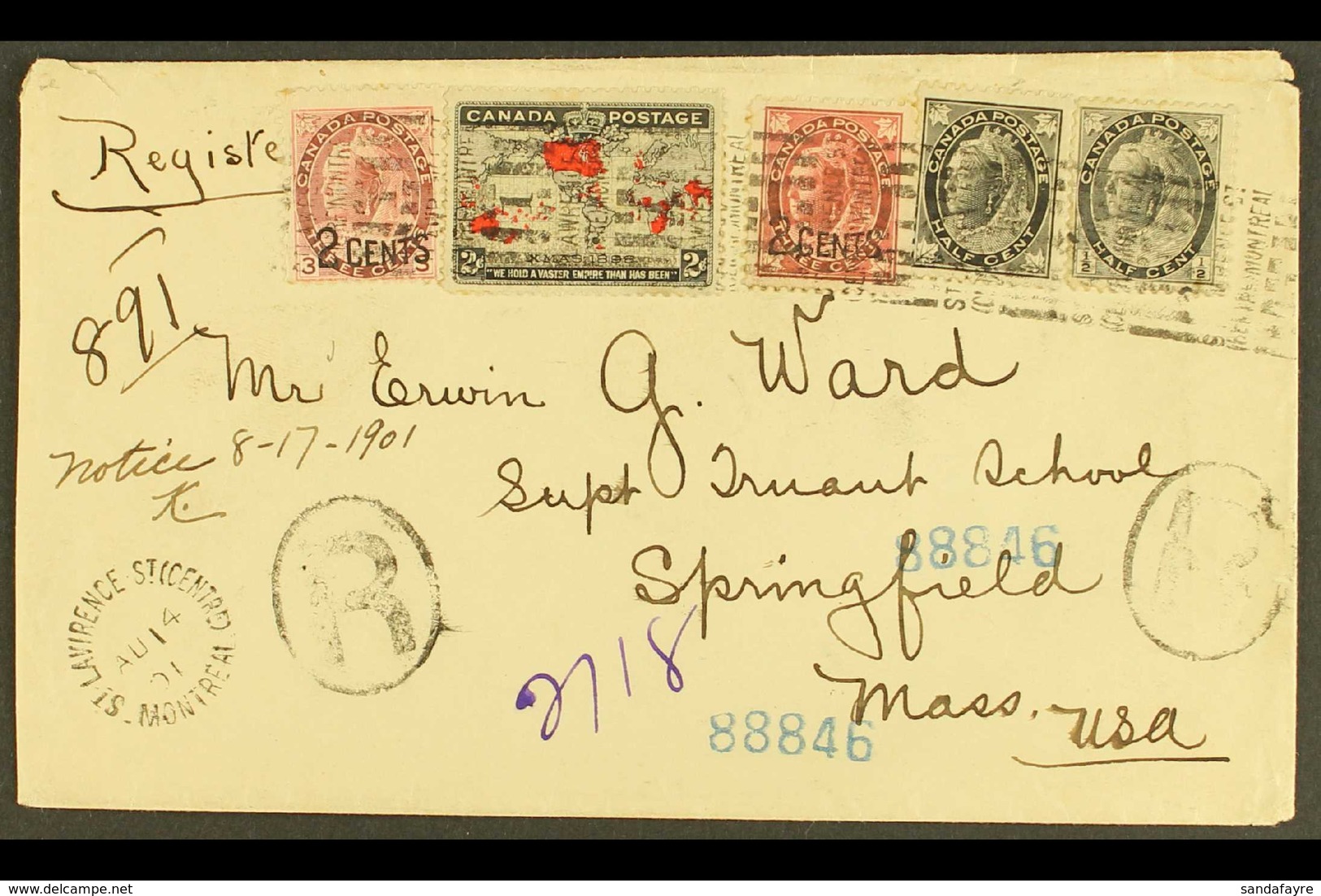 1901 Registered Cover From St Lawrence St, Montreal To Springfield, Mass, USA Franked 2c 1898 Xmas, QV ½c Black (2), 2c  - Sonstige & Ohne Zuordnung