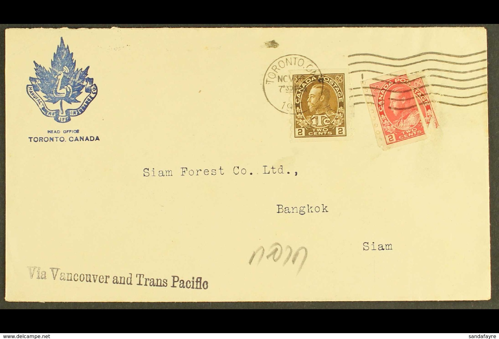 1917 Cover From Toronto To Bankok, Thailand, Franked 2c + 1c War Tax Coil And 2c Coil (damaged), Endorsed "Via Vancouver - Sonstige & Ohne Zuordnung