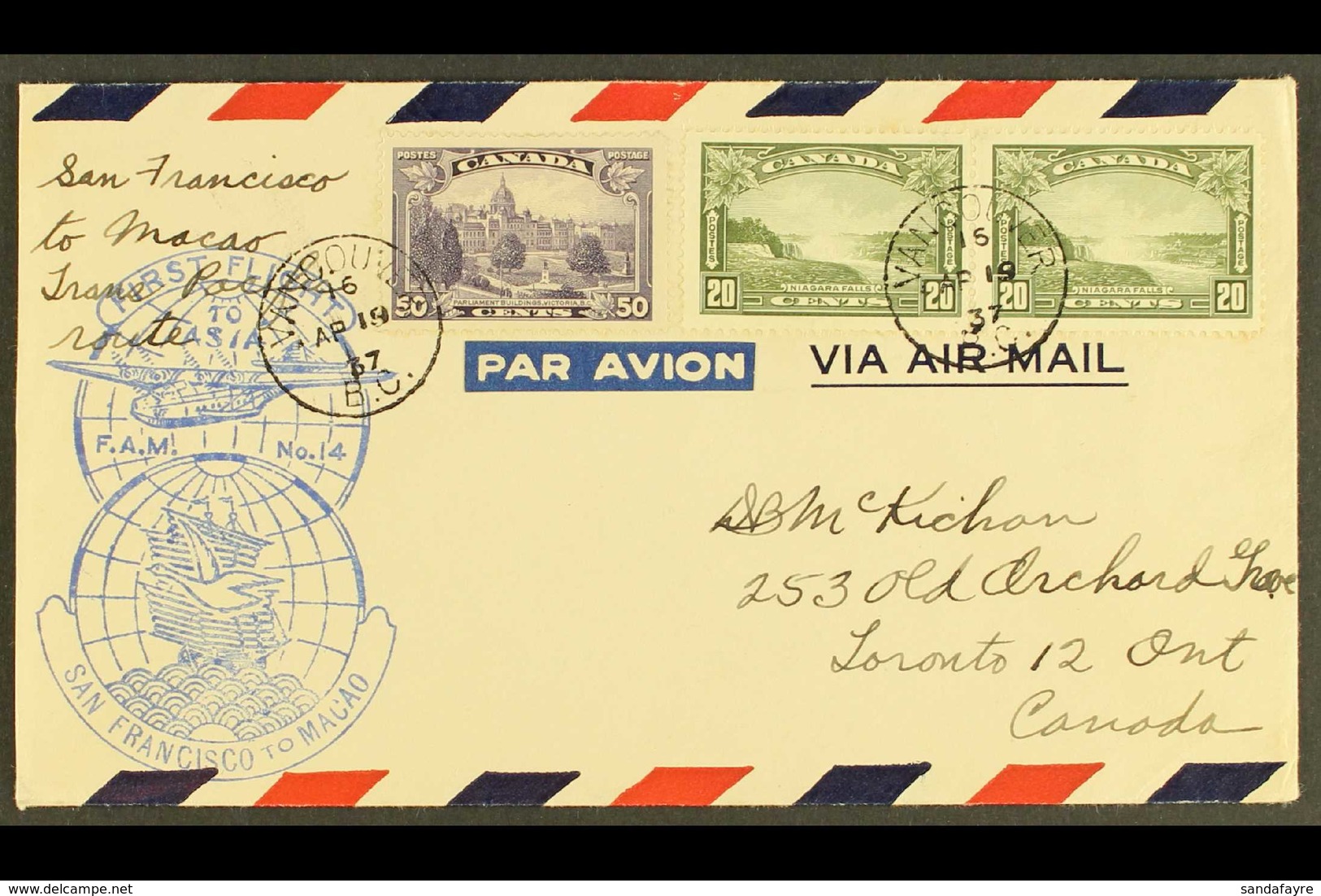 1937 Air Mail Cover Franked 1935 20c Olive (2) And 50c Violet, Carried On The First Flight San Francisco To Macau (Fam 1 - Otros & Sin Clasificación