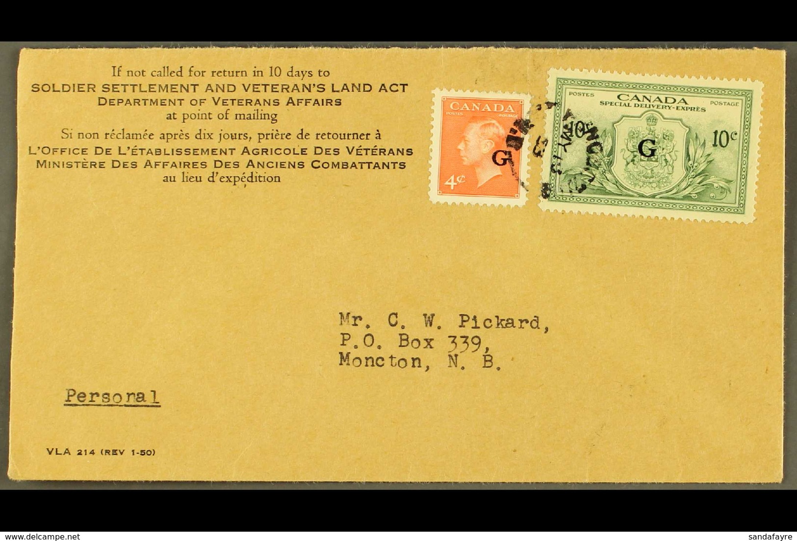 OFFICIAL 1950-7 10c Green With "G" Overprint, SG OS21, Used On 1953 "Soldier Settlement" Cover, Alongside KGVI 4c Vermil - Sonstige & Ohne Zuordnung