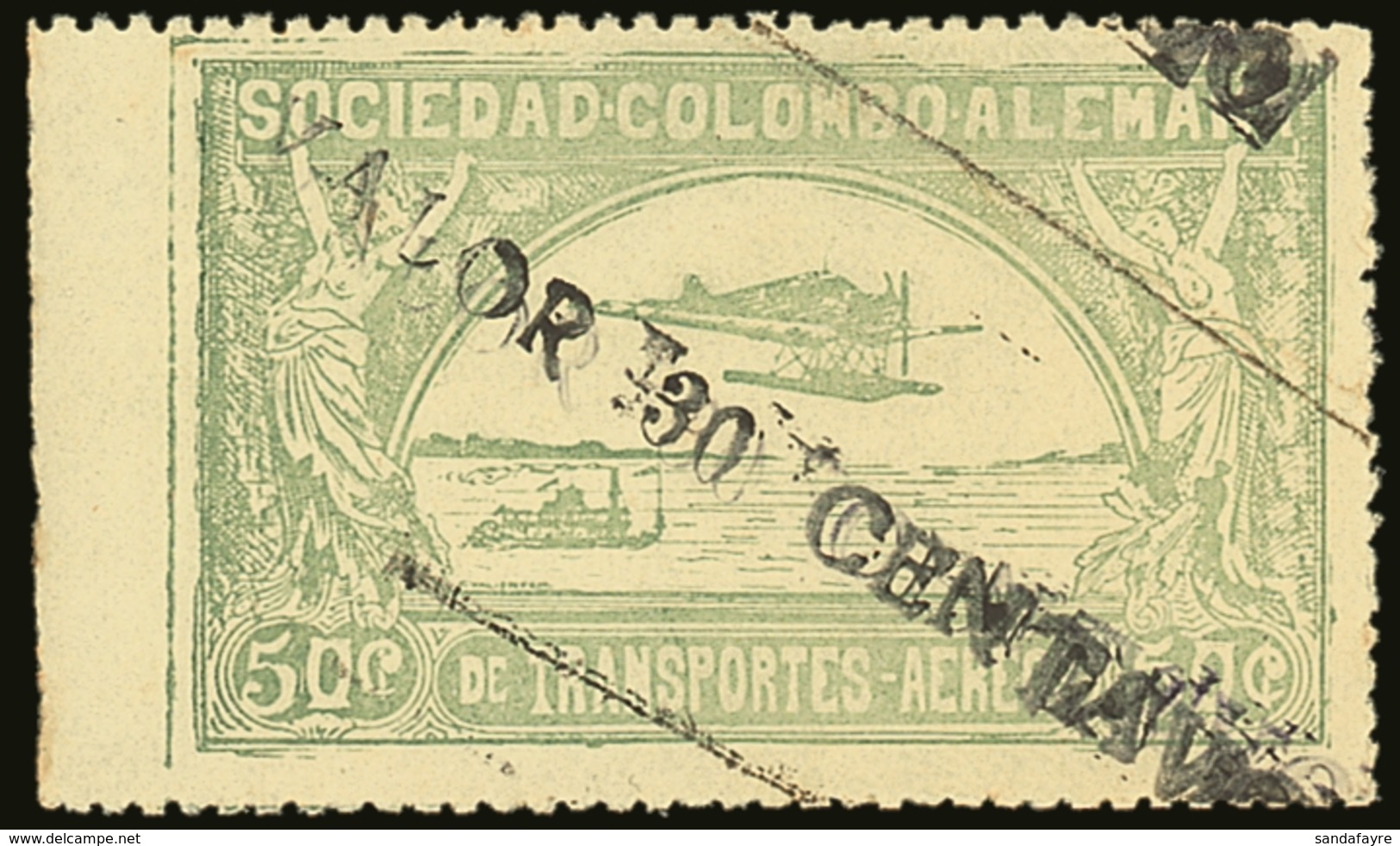 SCADTA 1921 (Oct) 30c On 50c Dull Green, SG 6 (Scott C20), Never Hinged Mint With Wide Straight Edge Sheet Margin At Lef - Colombia