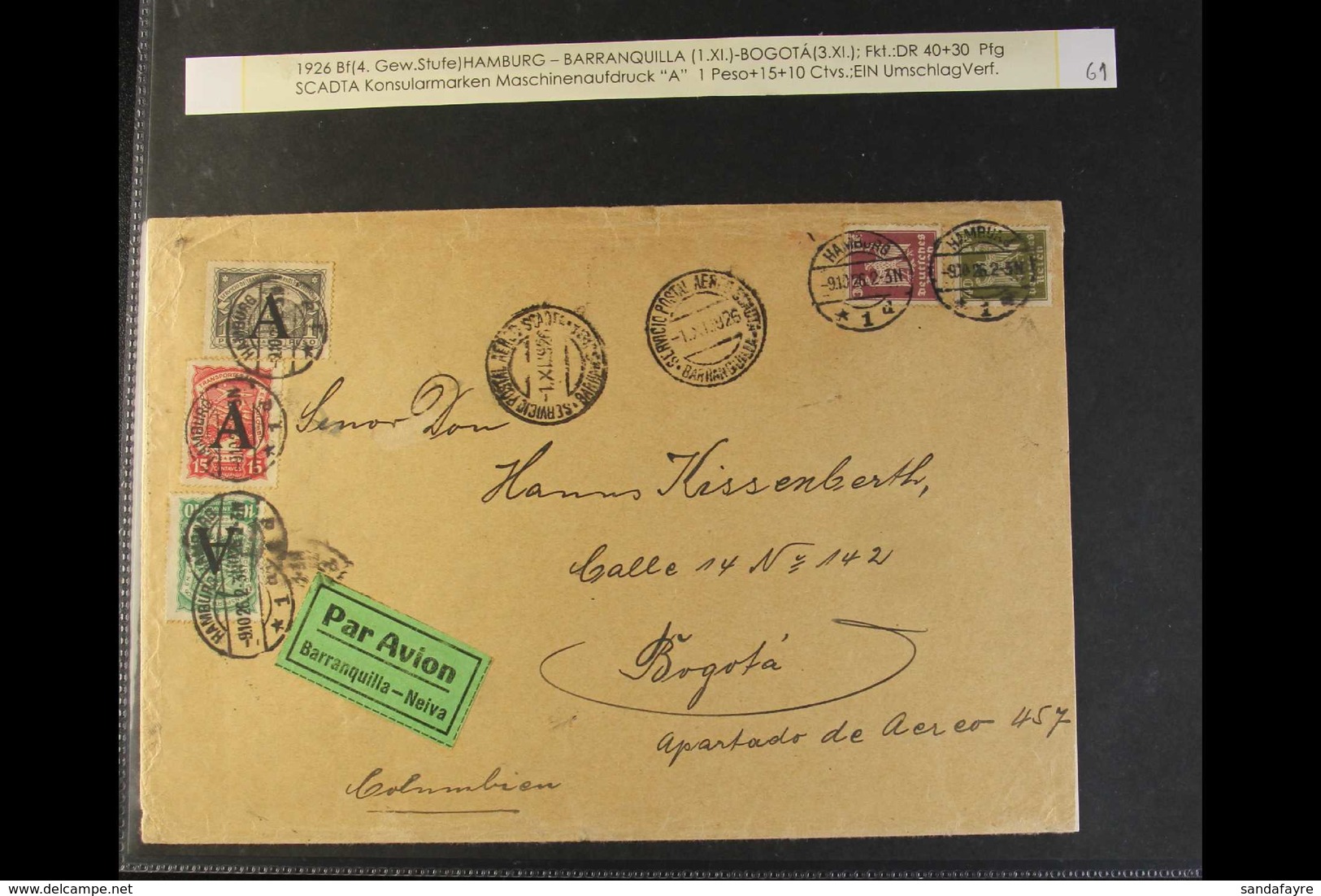 SCADTA 1926 (9 Oct) Cover From Germany Addressed To Bogota, Bearing Germany 30pf & 40pf And SCADTA 1923 10c, 15c & 1p Al - Colombia