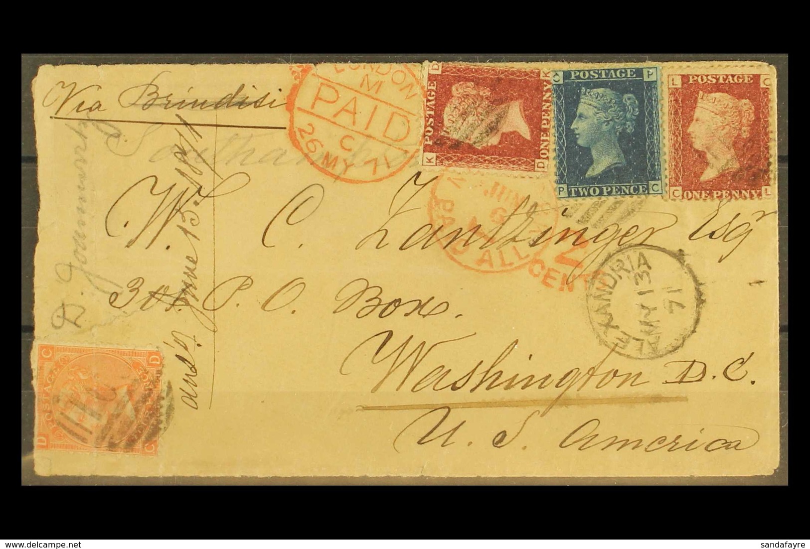 BRITISH POST OFFICES IN ALEXANDRIA 1871 (May) Cover To Washington DC Via Brindisi, And Bearing 1d Red Plate 120 X2, 2d B - Sonstige & Ohne Zuordnung