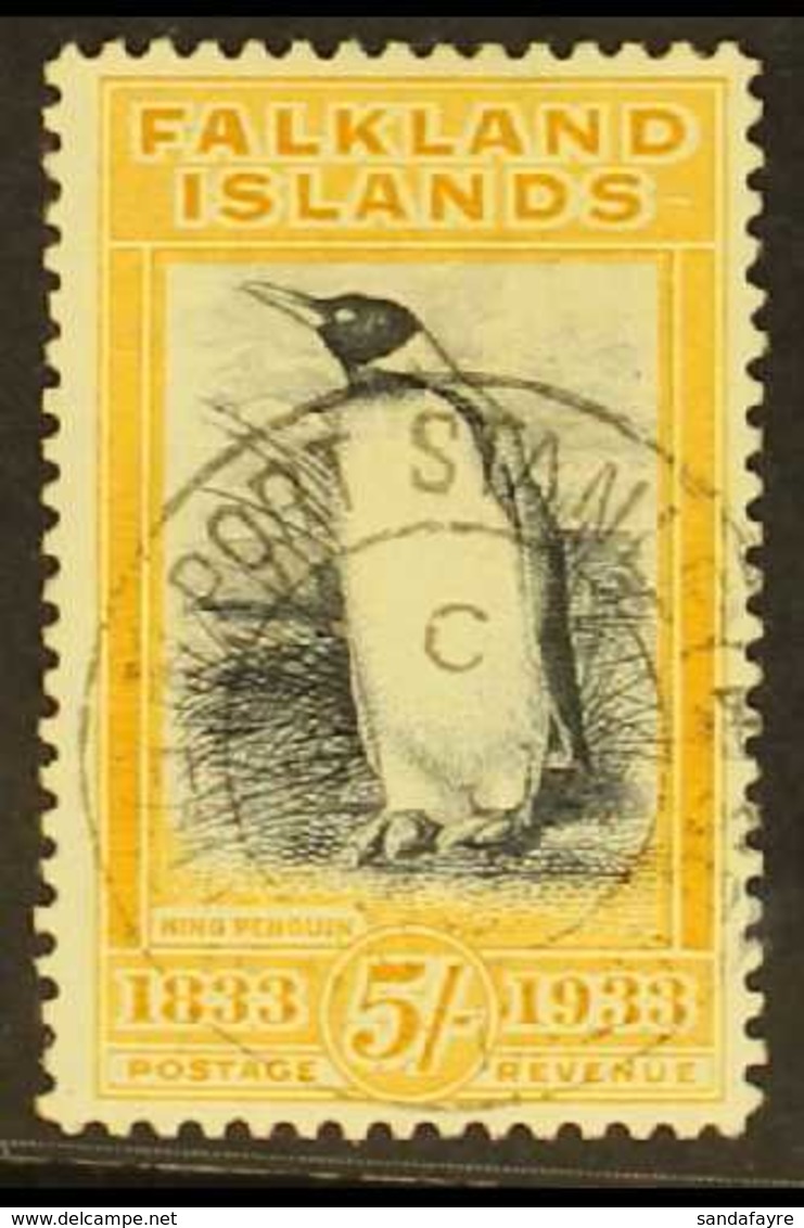 1933 5s Black And Yellow- Orange King Penguin, SG 136a, Cancelled By A MADAME JOSEPH Forged Port Stanley Cds. A Beautifu - Falkland Islands