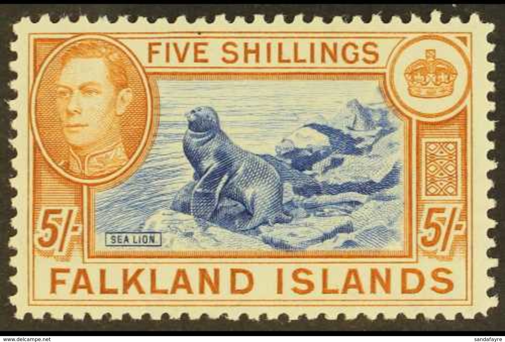 1938-50 5s Blue & Chestnut "Southern Sea Lion", SG 161, Never Hinged Mint For More Images, Please Visit Http://www.sanda - Falklandinseln