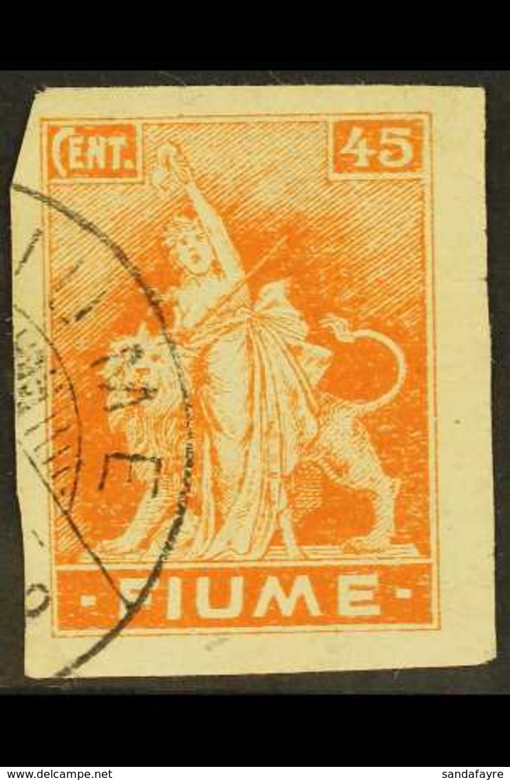 1919 45c Orange Paper Type A IMPERF Variety, Sassone A41aa, Used, Light Creases, Fresh, Very Rare, Cat 1,600 Euro = £1,4 - Fiume
