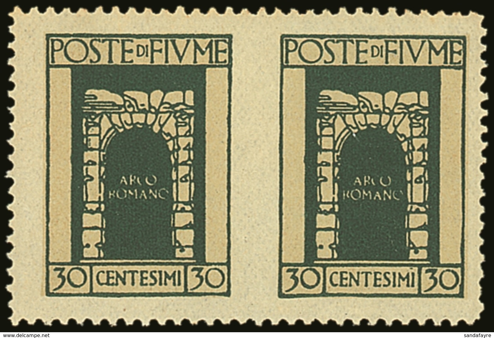 1923 30c Myrtle-green Roman Arch IMPERF BETWEEN PAIR, Sassone 195h, Very Fine Mint. Slightly Short Perf At Right, Cat €2 - Fiume