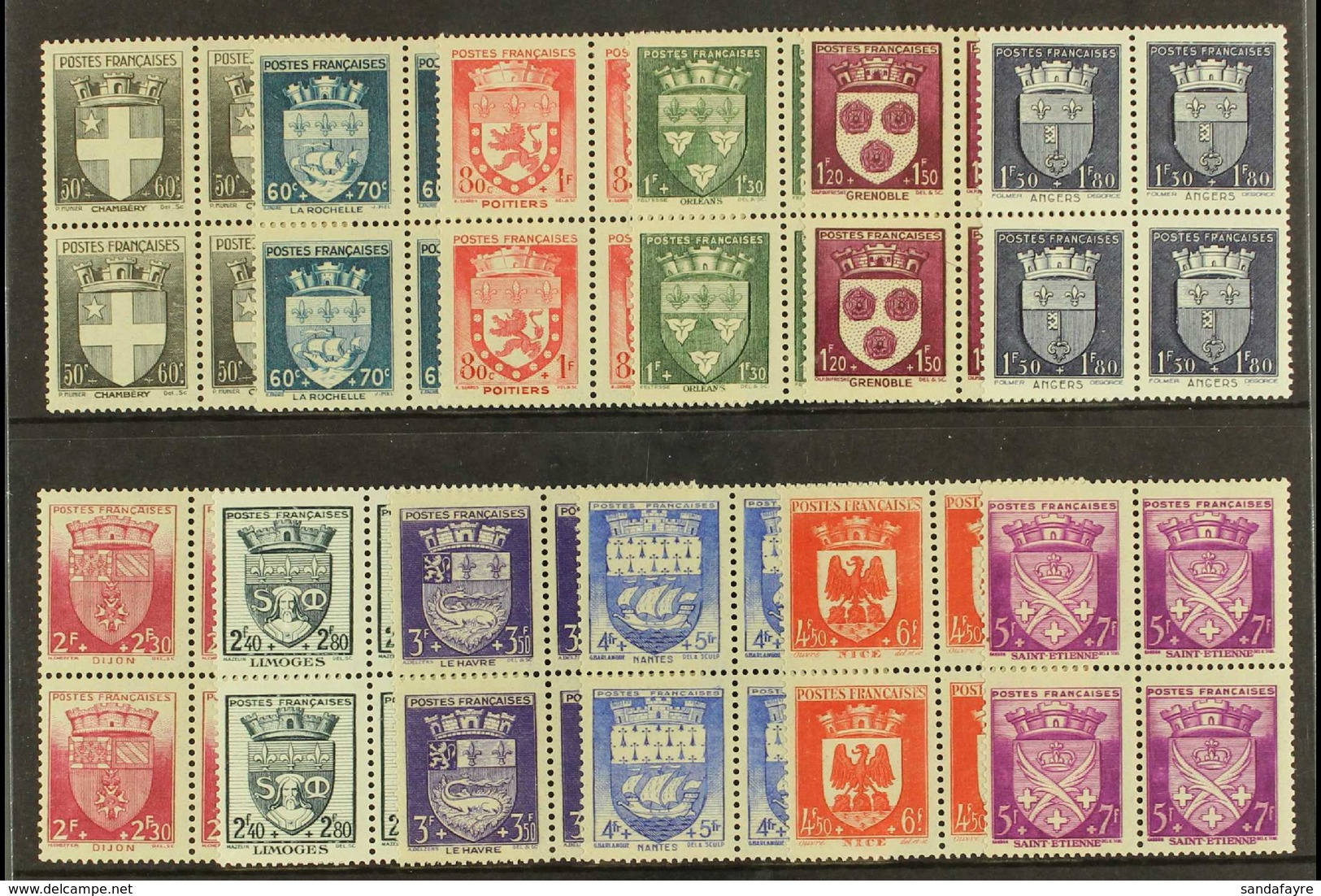 1942 National Relief Fund "Town Arms" Complete Set, Yv 553/564, Very Fine Never Hinged Mint Blocks Of Four (12 Blocks=48 - Other & Unclassified