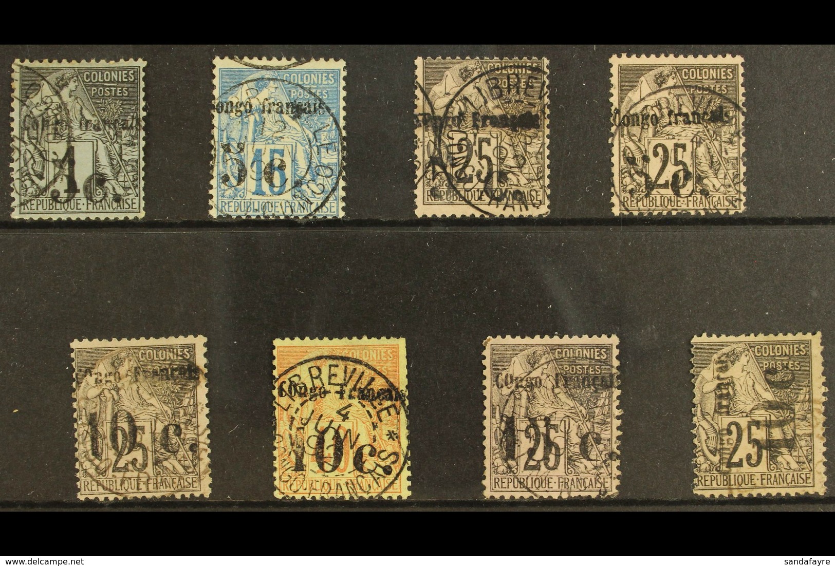 FRENCH CONGO 1891 FINE USED SURCHARGED SELECTION On A Stock Card. Includes 5c On 1c (Yv 1), 5c On 15c (Yv 2) & 5c On 25c - Sonstige & Ohne Zuordnung