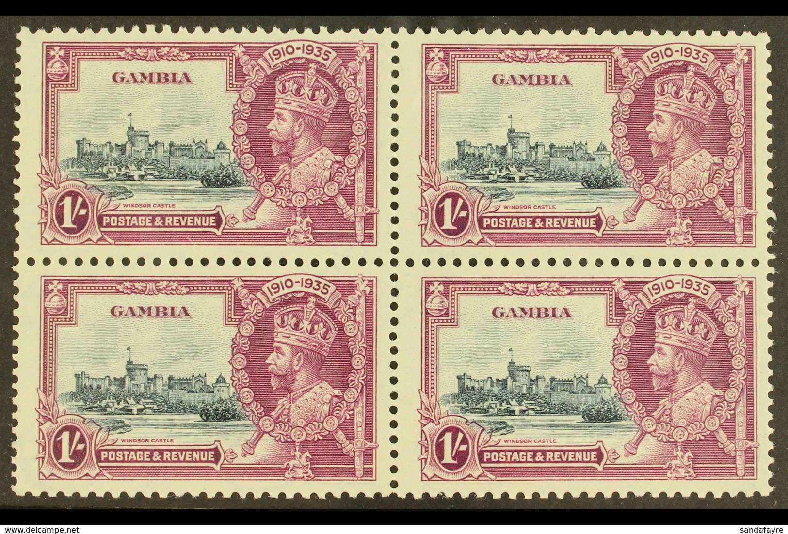 1935 1s Slate And Purple Jubilee Stamp With "LIGHTNING CONDUCTOR FLAW" As The Lower Left Stamp Of A Mint Block Of Four,  - Gambia (...-1964)