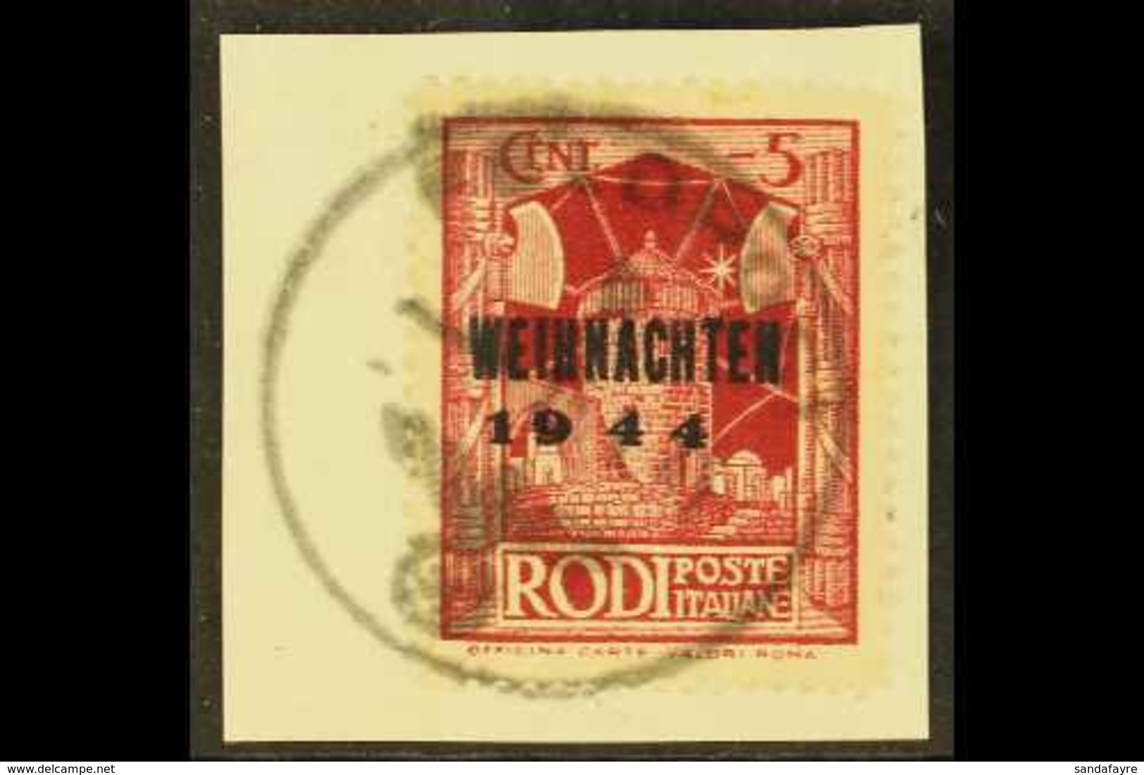 RHODES -  INSELPOST 1944 "Weihnachten" Overprint Type II On Rodi Issue, Michel 12 II, Very Fine Used On Small Piece Tied - Sonstige & Ohne Zuordnung