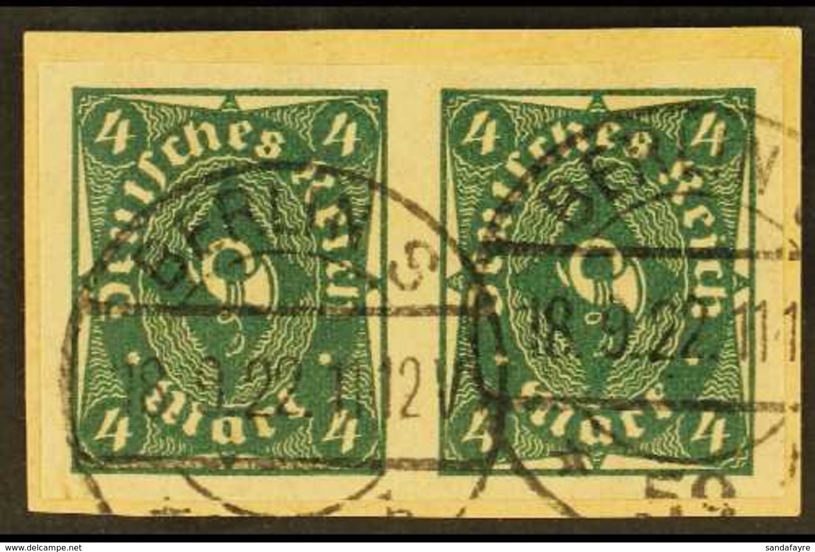 1922-23 4m Deep Green IMPERF (Michel 226a U, SG 206a), Superb Used Horizontal IMPERF PAIR On Piece Tied By Fully Dated C - Autres & Non Classés