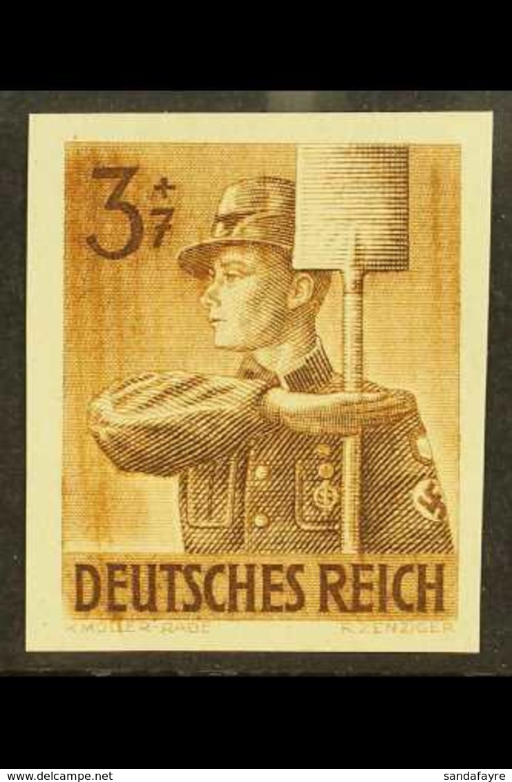 1943 3pf Brown Labour Corps IMPERF (Michel 850 U, SG 838a), Never Hinged Mint, Fresh. For More Images, Please Visit Http - Sonstige & Ohne Zuordnung