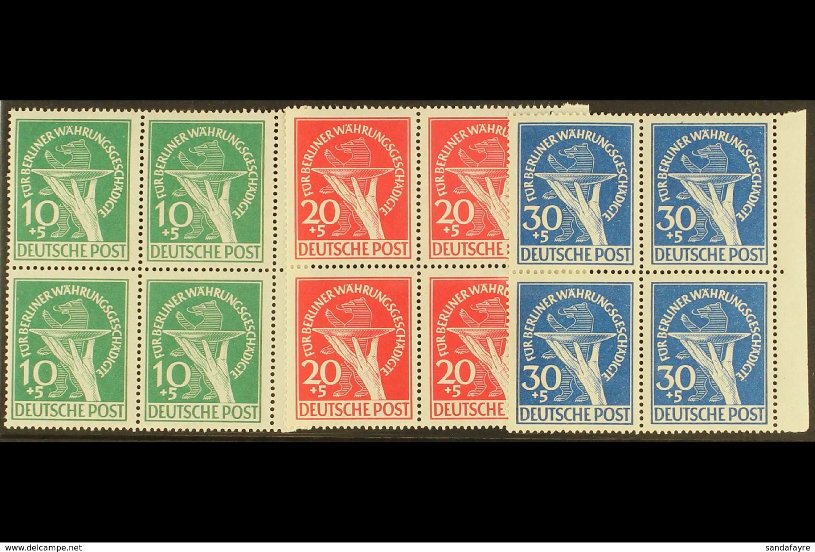 1949 Berlin Relief Fund Complete Set (Michel 68/70, SG B68/70), Never Hinged Mint Matching Marginal BLOCKS Of 4, Very Fr - Otros & Sin Clasificación