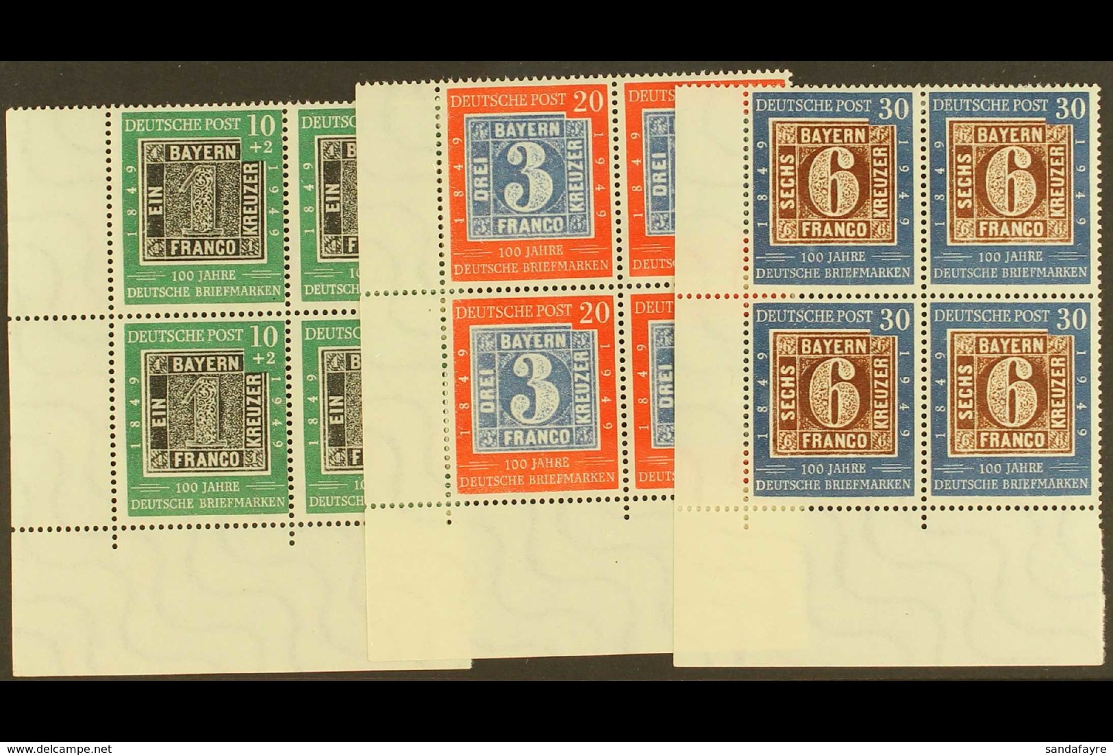 1949 Stamp Centenary Complete Set (Michel 113/15, SG 1035/37), Superb Mint (lower Pairs Are Never Hinged) Lower Left Cor - Sonstige & Ohne Zuordnung