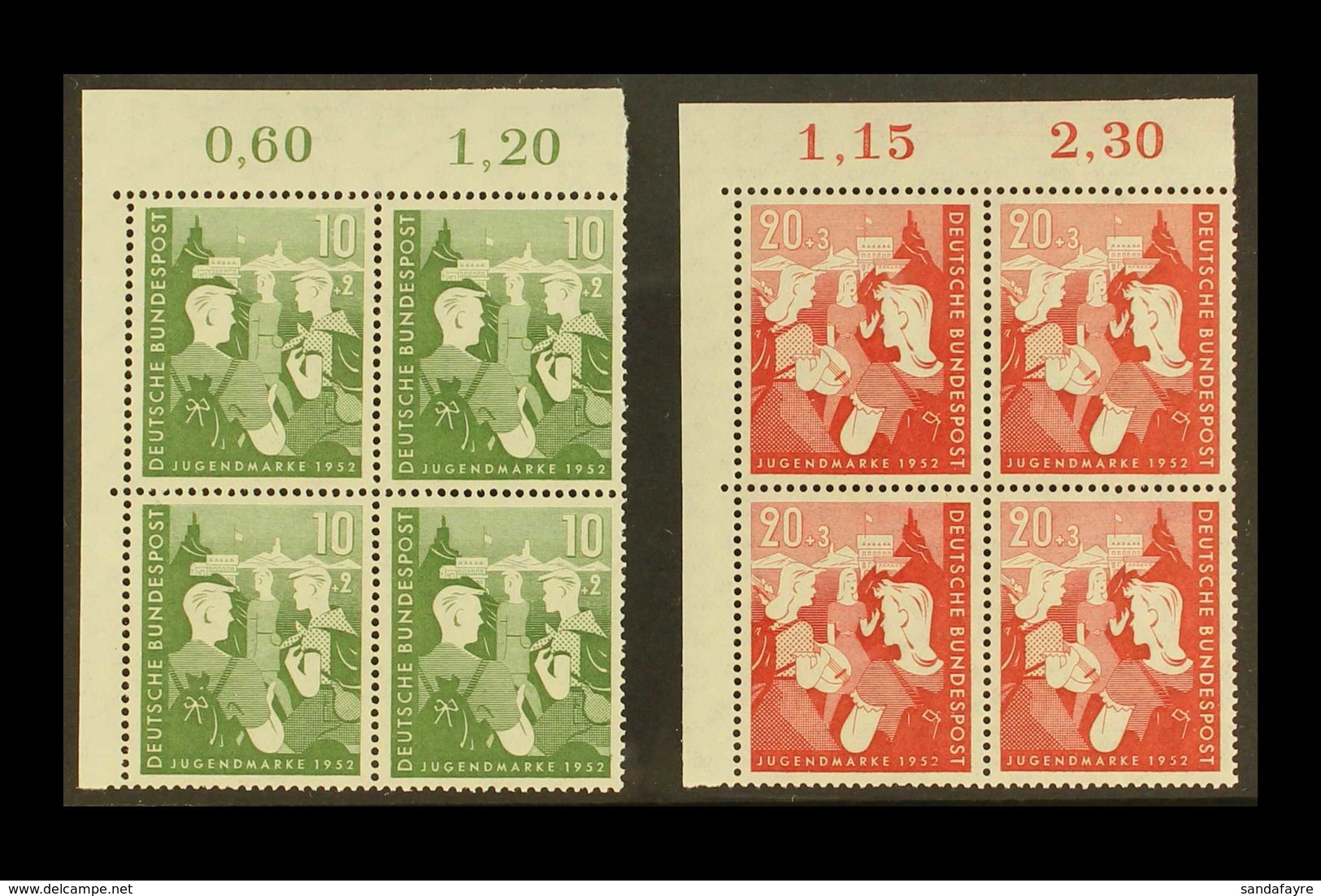 1952 Youth Hostels Fund Complete Set (Michel 153/54, SG 1080/81), Superb Never Hinged Mint Upper Left Corner BLOCKS Of 4 - Sonstige & Ohne Zuordnung