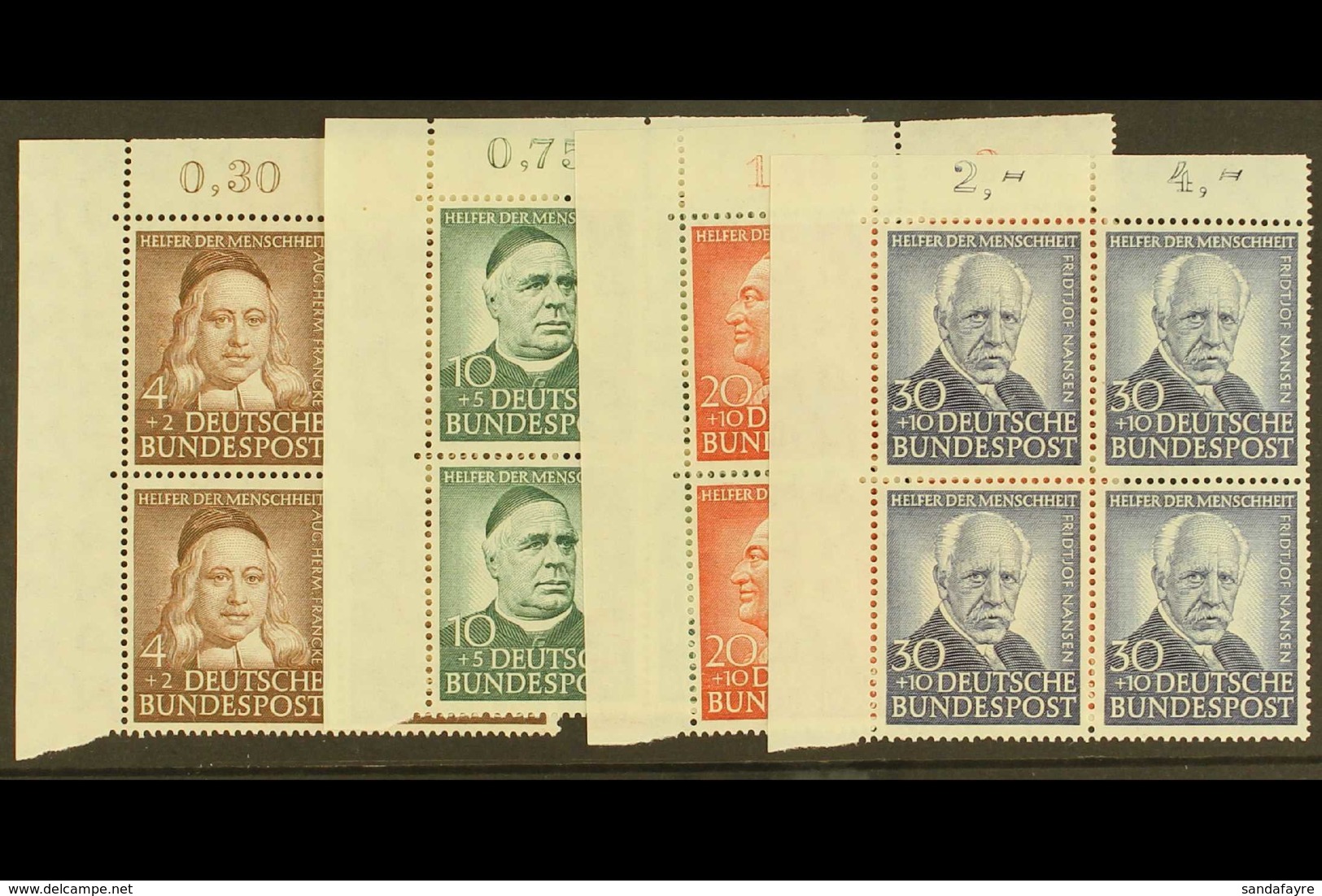 1953 Humanitarian Relief Fund Complete Set (Michel 173/76, SG 1099/1102), Superb Never Hinged Mint Upper Left Corner BLO - Other & Unclassified