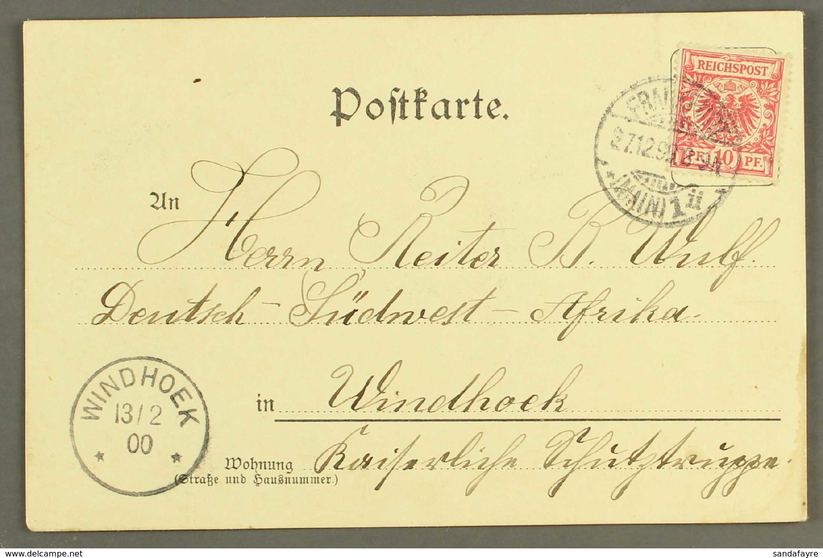 SOUTH WEST AFRICA 1900 (13 Feb) Colour Ppc From Germany To Windhoek Bearing 10pf Tied By Frankfurt Cds And With Superb " - Otros & Sin Clasificación