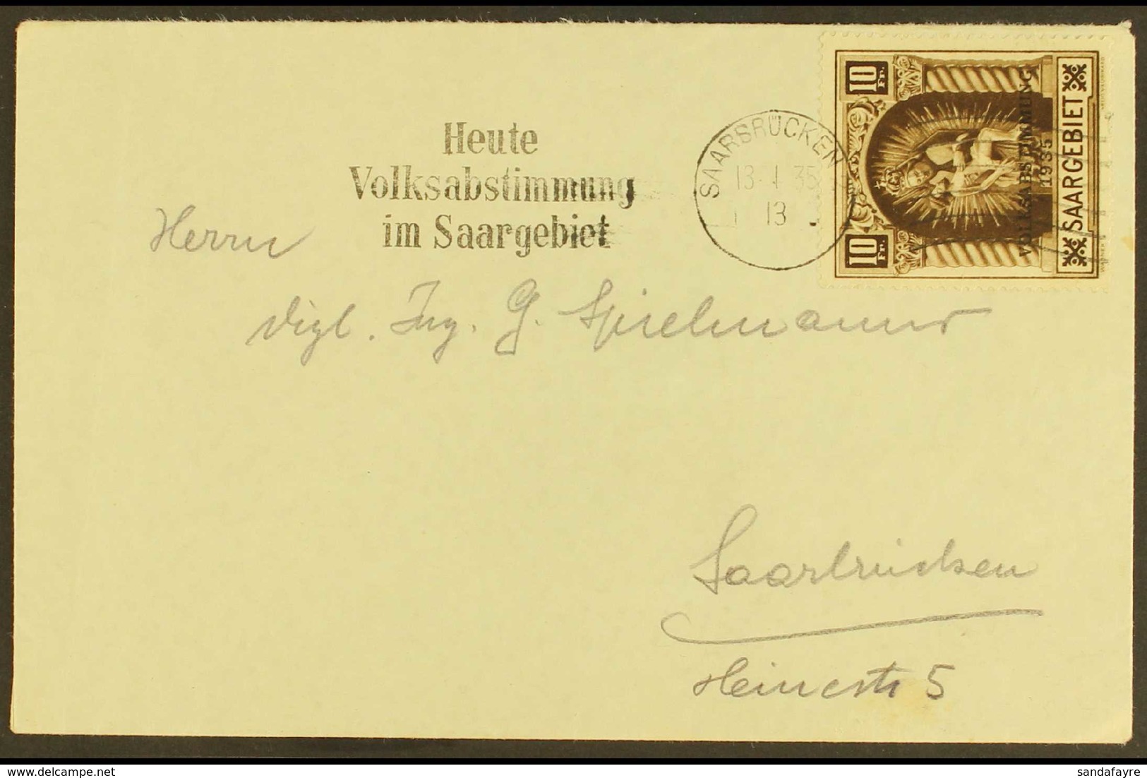 1935 (13 Jan) Cover Addressed Locally Bearing 1934 10f Brown Madonna "Volkabstimmung" Overprint (Michel 194, SG 191) Tie - Sonstige & Ohne Zuordnung