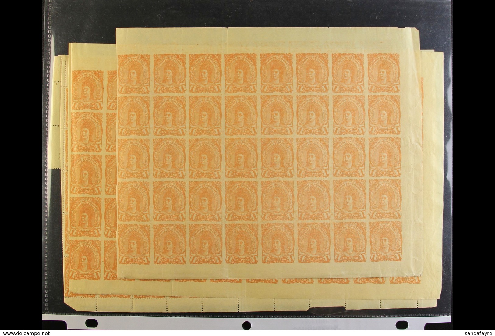 1878 INDIAN WOMAN FORGERIES One Peso Yellow (SG 14, Scott 14) Perf And Imperf Forgeries, Mostly In Complete Sheets Of Fi - Guatemala