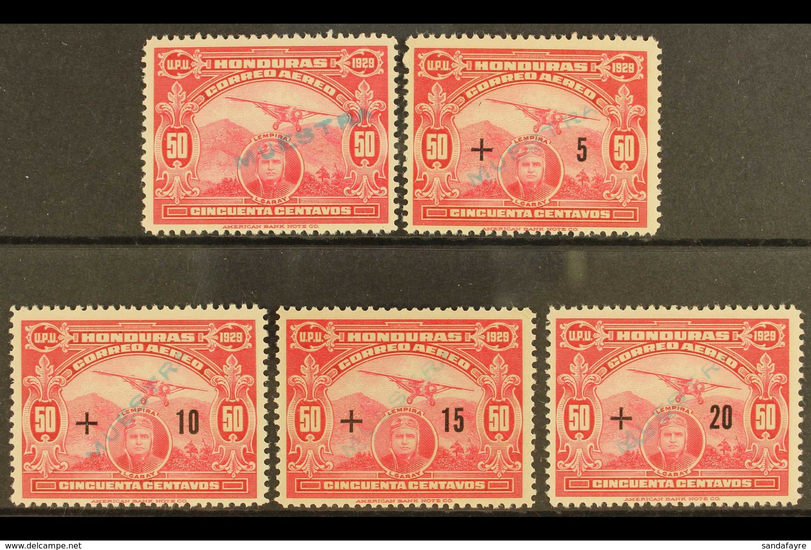 1929 Air Planned New York To Honduras Flight 50c Carmine Plus The Set Of Surcharges (as SG 260a, 260b/260e), Each With " - Honduras