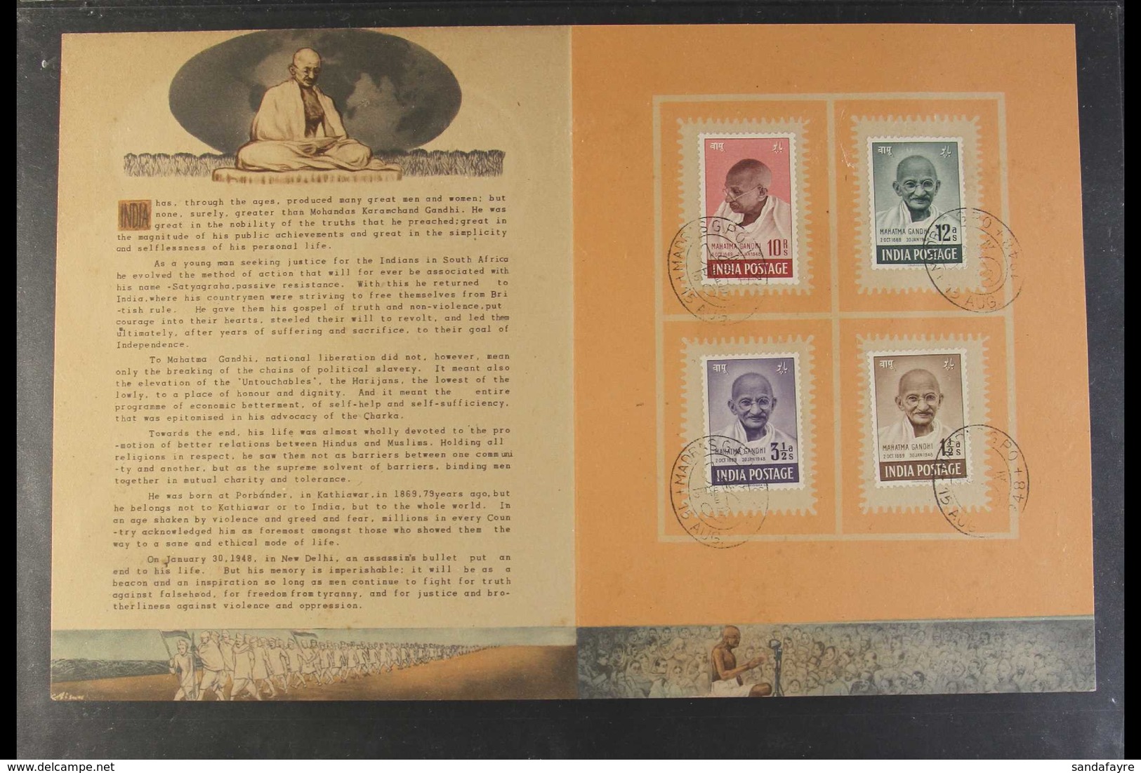 1948 (15 Aug) Gandhi Set Complete (SG 305/8) Tied To Official Special Illustrated Memorial Folder By "MADRAS G.P.O." Com - Sonstige & Ohne Zuordnung