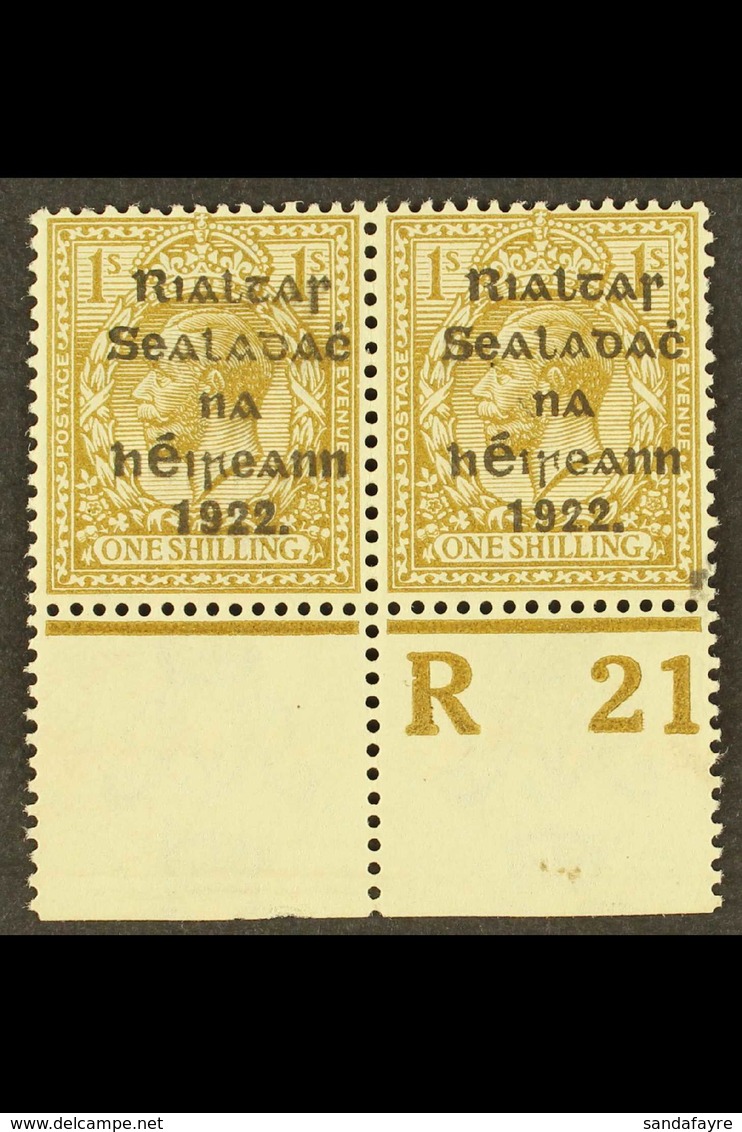 1922 THOM 1s Bistre-brown, SG 15, Lower Marginal "R21" Control Perf. Pair (Hib. TC62), Fine Mint. For More Images, Pleas - Other & Unclassified